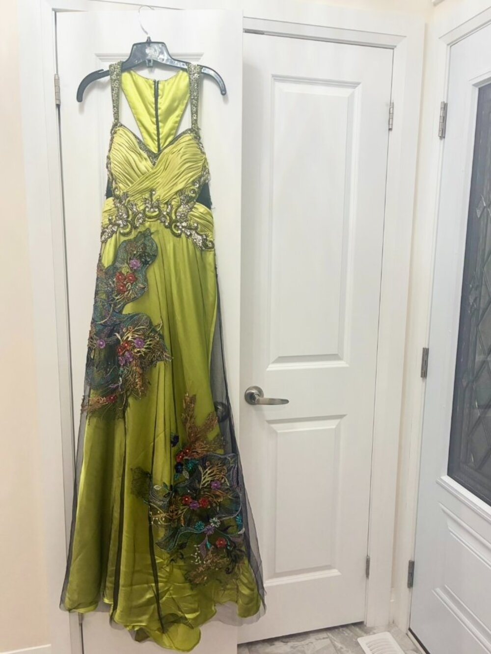 Lime Green Embellished Floral Evening Gown with Beaded Bodice